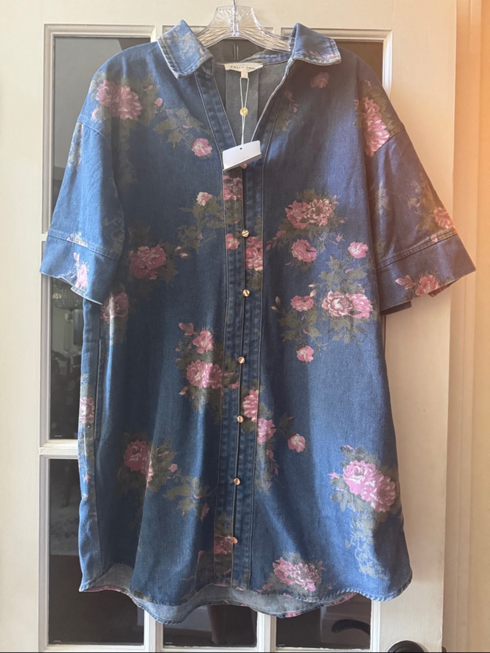 entro Blue Denim Floral Button-Front Dress with Pink Roses